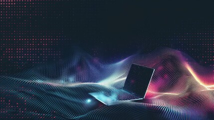 Fototapete - A colorful digital design showcases a laptop amidst waves of abstract patterns and light effects, creating a futuristic ambiance. Generative AI