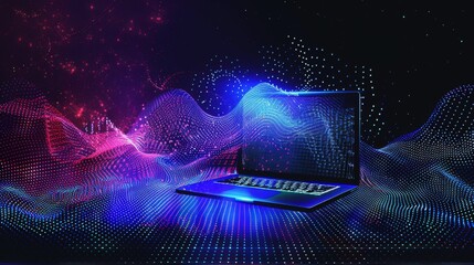 Aufkleber - A laptop is surrounded by vivid waves of colors in a digital landscape, creating a captivating and modern ambiance in the darkness. Generative AI