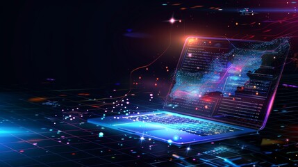 Fototapete - A colorful abstract graphic features a laptop displaying an intricate digital interface, blending technology and creativity. Generative AI