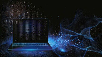 Fototapete - A stylized graphic displays a laptop surrounded by digital motifs and luminous patterns, enhancing the modern tech aesthetic. Generative AI