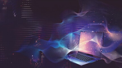 Fototapete - A laptop is depicted against a backdrop of vibrant waves, showcasing a blend of colors and dynamic movement, evoking a digital atmosphere. Generative AI