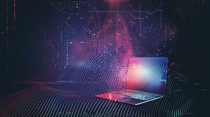 Fototapete - A laptop positioned in a captivating digital environment filled with colorful data patterns and abstract lines, showcasing technology's impact. Generative AI