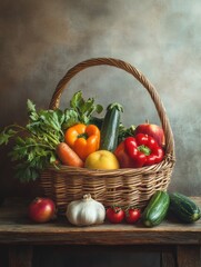 Poster - A wicker basket brimming with colorful vegetables and fruits rests on a rustic wooden table, showcasing a farm-fresh bounty. Generative AI