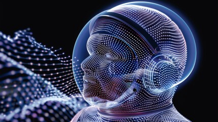 Fototapete - An astronaut's head is depicted through mesmerizing abstract patterns, glowing against a dark cosmic backdrop filled with energy. Generative AI