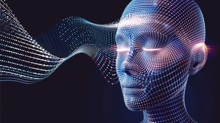Fototapete - This artwork features a digital human head surrounded by abstract wave patterns, showcasing a blend of art and technology in a modern style. Generative AI