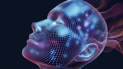 Fototapete - A digitally rendered human head showcases a mesh of colorful dots and lines, symbolizing innovation, creativity, and technology in art. Generative AI