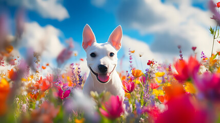 Playful Miniature Bull Terrier Exploring a Vibrant Flower Field Under a Bright Blue Sky