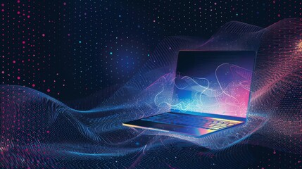 Fototapete - A vibrant abstract design showcases a laptop and television amidst flowing digital waves, highlighting connectivity and modern technology. Generative AI