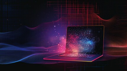 Aufkleber - A modern design highlights a laptop and TV surrounded by colorful digital waves and star-like elements, creating a futuristic atmosphere. Generative AI