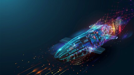 Fototapete - A futuristic spaceship moves through a digital galaxy, illuminated by colorful lights and abstract patterns, creating a dynamic experience. Generative AI