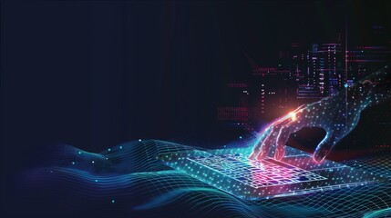 Aufkleber - A vibrant digital perspective grid displays a hand reaching out, suggesting interaction in a modern virtual space of technology. Generative AI
