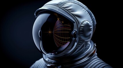 Poster - a close-up showcases an astronaut helmet with a reflective visor and abstract graphics, emphasizing 