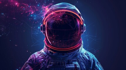 Fototapete - The artwork showcases a close-up view of an astronaut's head, adorned with colorful cosmic graphics and abstract designs. Generative AI