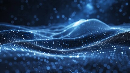 Fototapete - A close-up view of an abstract graphic design displayed on a laptop, showcasing a digital landscape filled with luminous particles. Generative AI