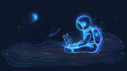 Poster - a robot with a glowing outline sits cross-legged in space, typing on a laptop as vibrant planets flo
