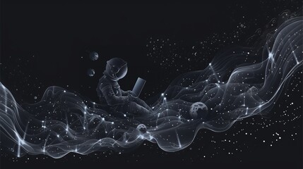 Aufkleber - a robot floats in outer space, engaged with a laptop surrounded by planets and cosmic features illum