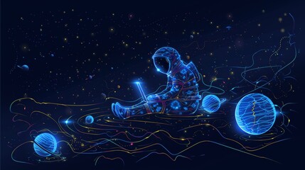 Poster - a robot sits peacefully in outer space, using a glowing laptop while colorful planets orbit in the b