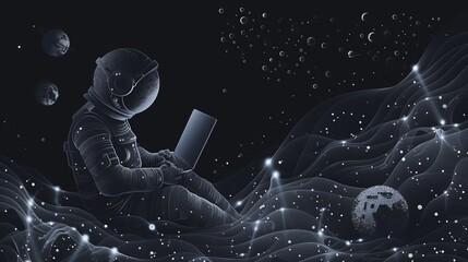 Aufkleber - a robot sits in outer space, illuminated by blue backlighting while working intently on a laptop ami