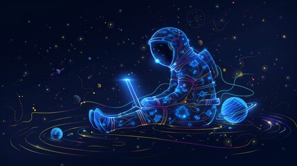 Poster - a futuristic robot sits in space, typing on a blue backlit laptop while colorful planets float nearb
