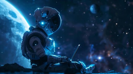 Aufkleber - a robot sits in outer space, using a laptop, illuminated by blue backlighting, with planets visible 