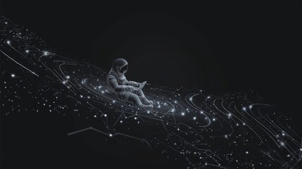Aufkleber - an astronaut floats in space, writing code while surrounded by swirling galaxies and scattered stars