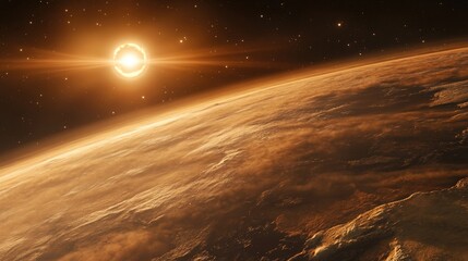 Wall Mural - digital illustration of earths atmosphere visible from space, highlighting the stars and the sun. th