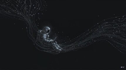 Aufkleber - an astronaut floats in space, writing code on a computer while surrounded by glowing planets and eth
