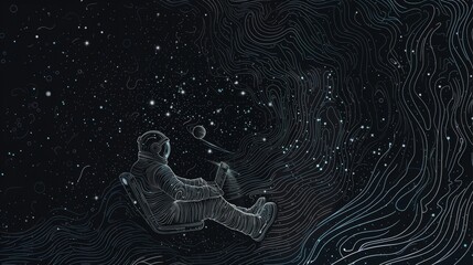 Aufkleber - an astronaut floats in space, focused on writing code on a computer, surrounded by planets and celes