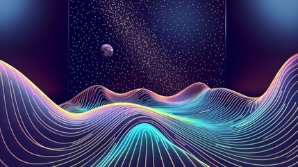 Fototapete - This artwork features a digital landscape with colorful lines representing planets and stars against a dark space backdrop. Generative AI