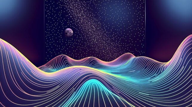 This artwork features a digital landscape with colorful lines representing planets and stars against a dark space backdrop. Generative AI