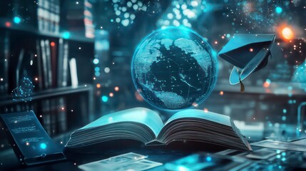 Aufkleber - A mystical scene featuring an open book, a globe, and a graduation cap amidst a starry background.