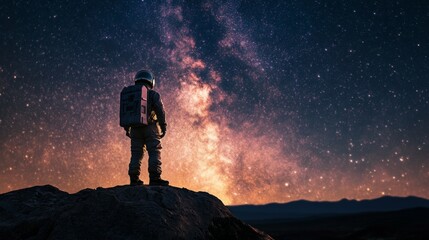 Wall Mural - An astronaut in a spacesuit stands on a rocky outcrop, gazing at a vibrant galaxy filled with stars and cosmic colors