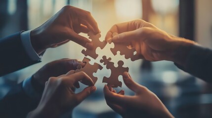 Poster - Hands joining puzzle pieces, symbolizing collaboration and teamwork.