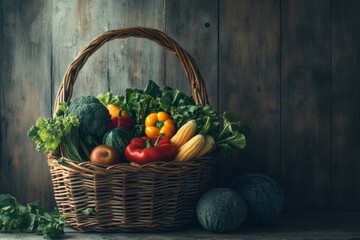 Poster - Fresh vegetables and fruits fill a wicker basket, beautifully arranged on a rustic wooden table, showcasing earthy tones and textures. Generative AI