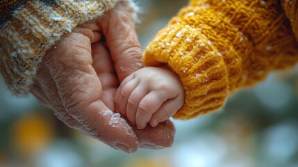 A close-up of a baby hand gripping an elderly grandparent finger.