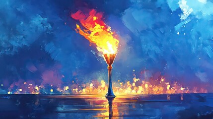 Poster - A glowing torch emits flames against a colorful, abstract background, symbolizing hope and illumination.