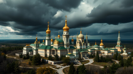 A large, old building with a lot of gold and green decorations