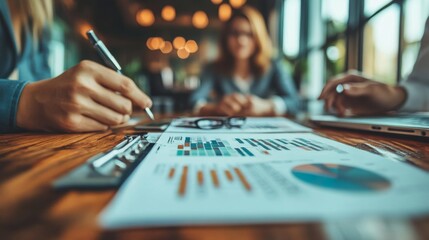 Leinwandbilder - In a cozy cafe, a business team engages in a collaborative meeting, analyzing charts and discussing strategies for future projects over coffee.