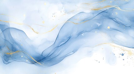 Aufkleber - Abstract watercolor design featuring soft blue waves and gold accents.