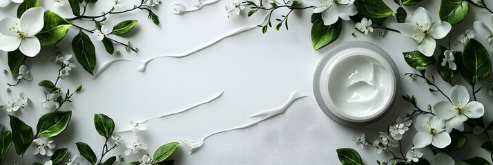 Poster - Blooming white flowers with delicate petals and lush green foliage on a soft,minimalist background. The image evokes a sense of purity,freshness,and natural tranquility. It's a beautiful,serene.
