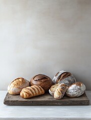 Poster - A variety of freshly baked bread and pastries is beautifully arranged on a rustic wooden board, perfect for a cozy breakfast gathering. Generative AI