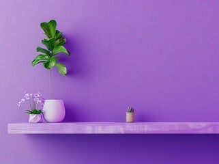 Purple wall with a shelf and two potted plants in a corner