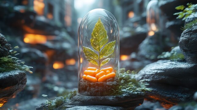 A creative Vitamin Station logo incorporating a pill and leaf, presented at a holiday marketing event in a futuristic urban development with nature-inspired art and decor.
