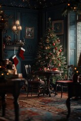 Aufkleber - Cozy living room with a Christmas tree in the corner, perfect for holiday decorations or winter-themed projects