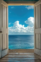 Poster - A view of the ocean from an open door with sunlight streaming in, perfect for use as a background or to add a sense of freedom and tranquility to your design