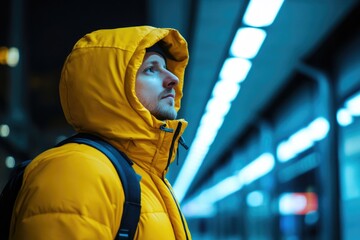 Aufkleber - A person wearing a bright yellow jacket stands on a subway platform, ready to catch the train