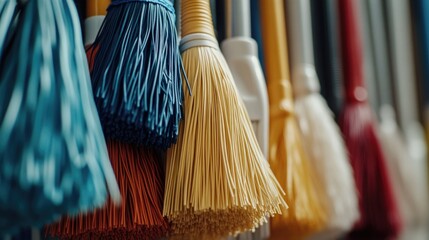 Aufkleber - A collection of brooms displayed neatly on a wall, great for use in kitchen or home decor illustrations