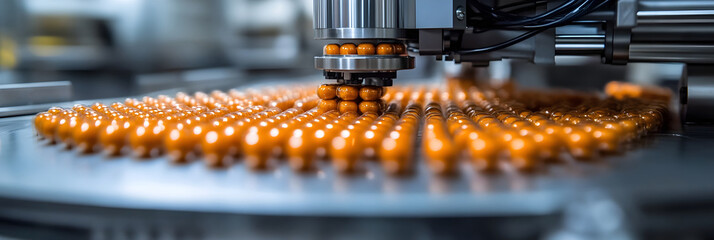 Leinwandbilder - Close-up view of an automated industrial manufacturing process with a repetitive array of uniform orange metallic mechanical components.