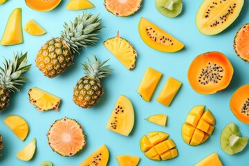 Aufkleber - Sliced tropical fruits like pineapples, mangoes, and papayas spread across a bright blue backdrop create a vibrant, summer-inspired display. Generative AI
