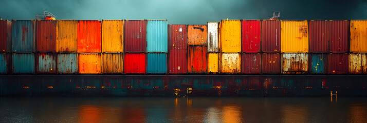 Poster - Colorful stacked shipping containers at maritime harbor,goods transportation and logistic concept. Aerial view of cargo boxes in port facility,international import and export industry.
